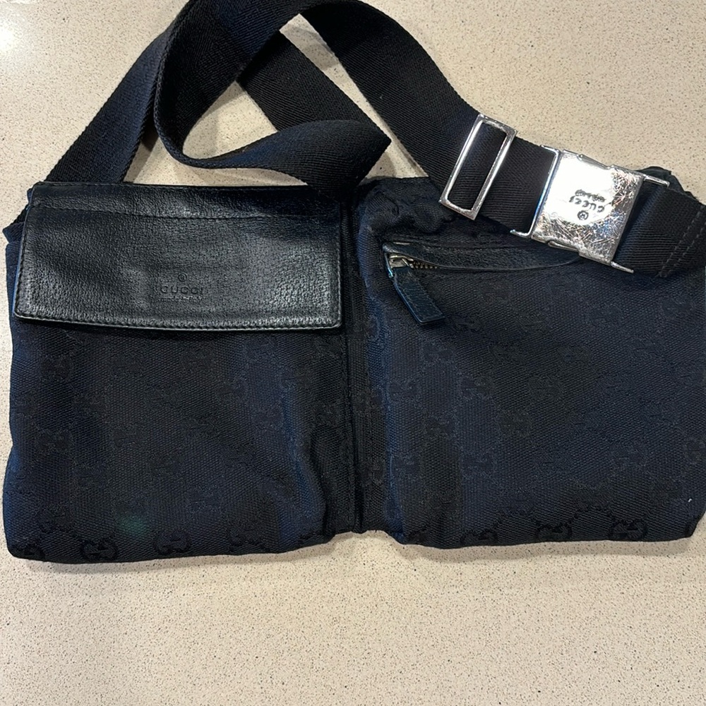 Gucci Black Belt Bag GG Canvas, Sling Bag, Unisex